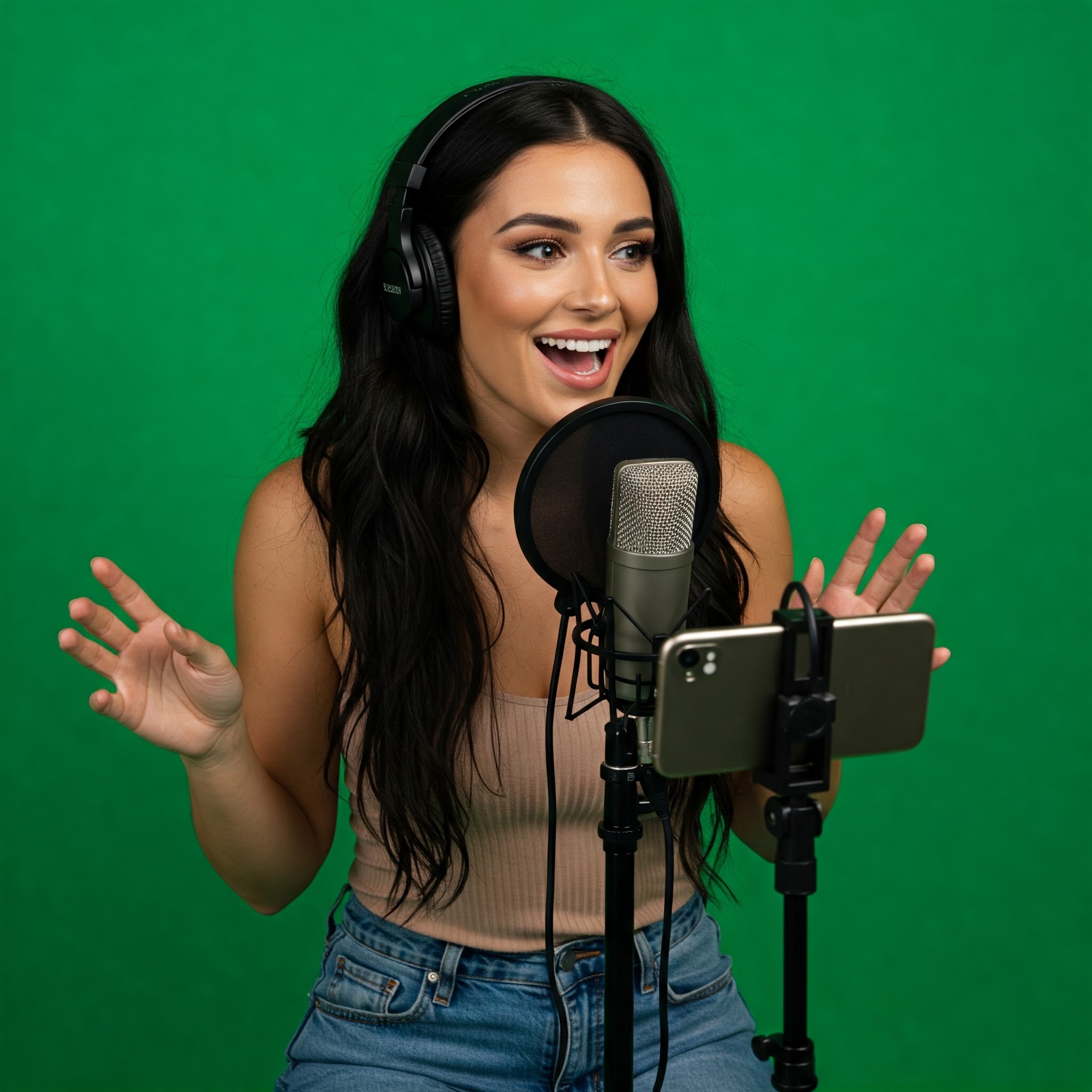 photo of Woman Recording Video with Phone on Green Screen